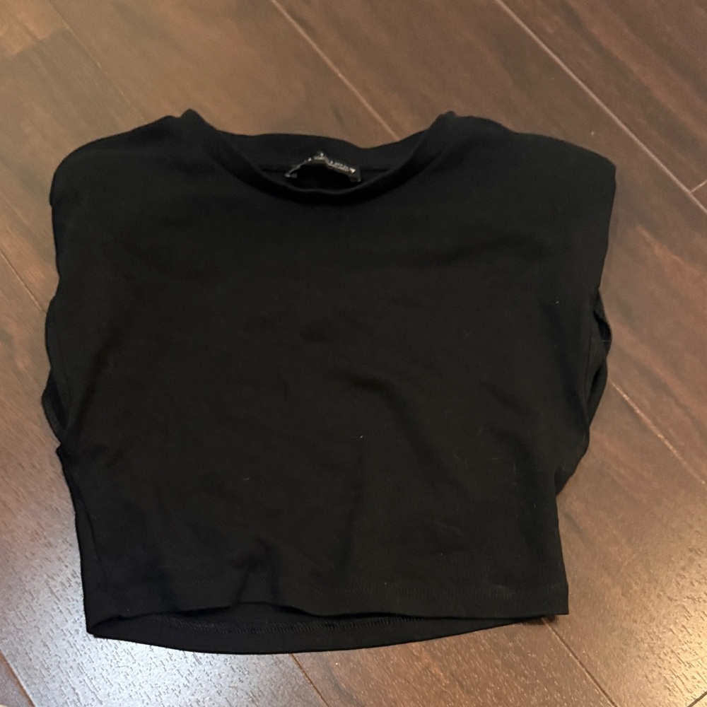 Zara Black Cropped Crewneck Top with Shoulder Pads